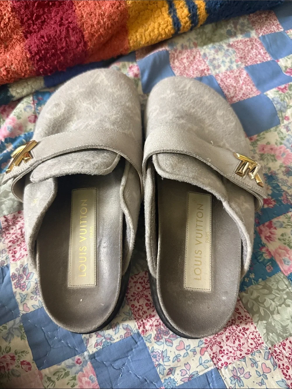 Louis Vuitton Kids Light Gray Monogram Slip-On Clogs with Gold LV Buckles